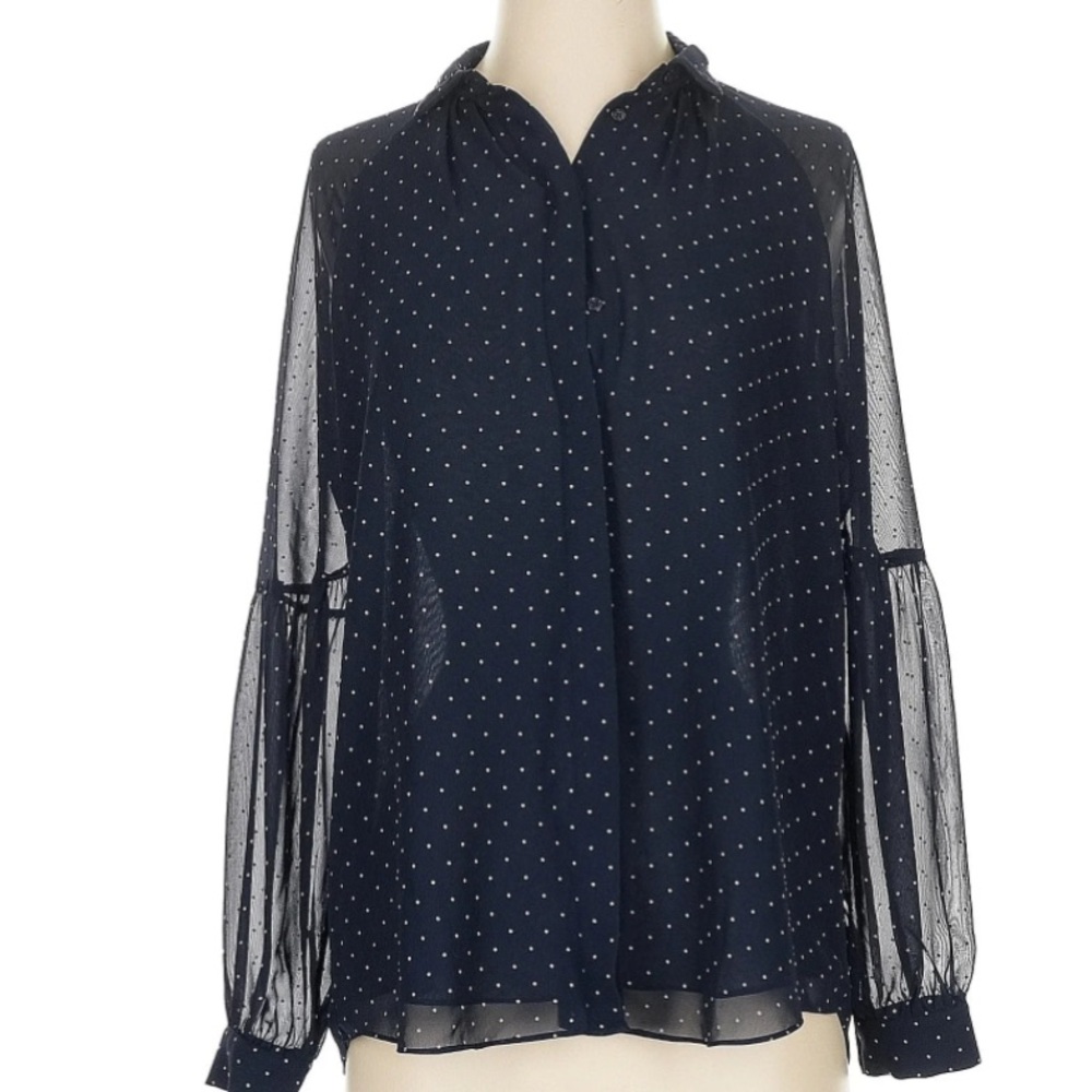 MASSIMO DUTTI NAVY POLKA DOT SHEER POET SLEEVE BLOUSE SIZE 12